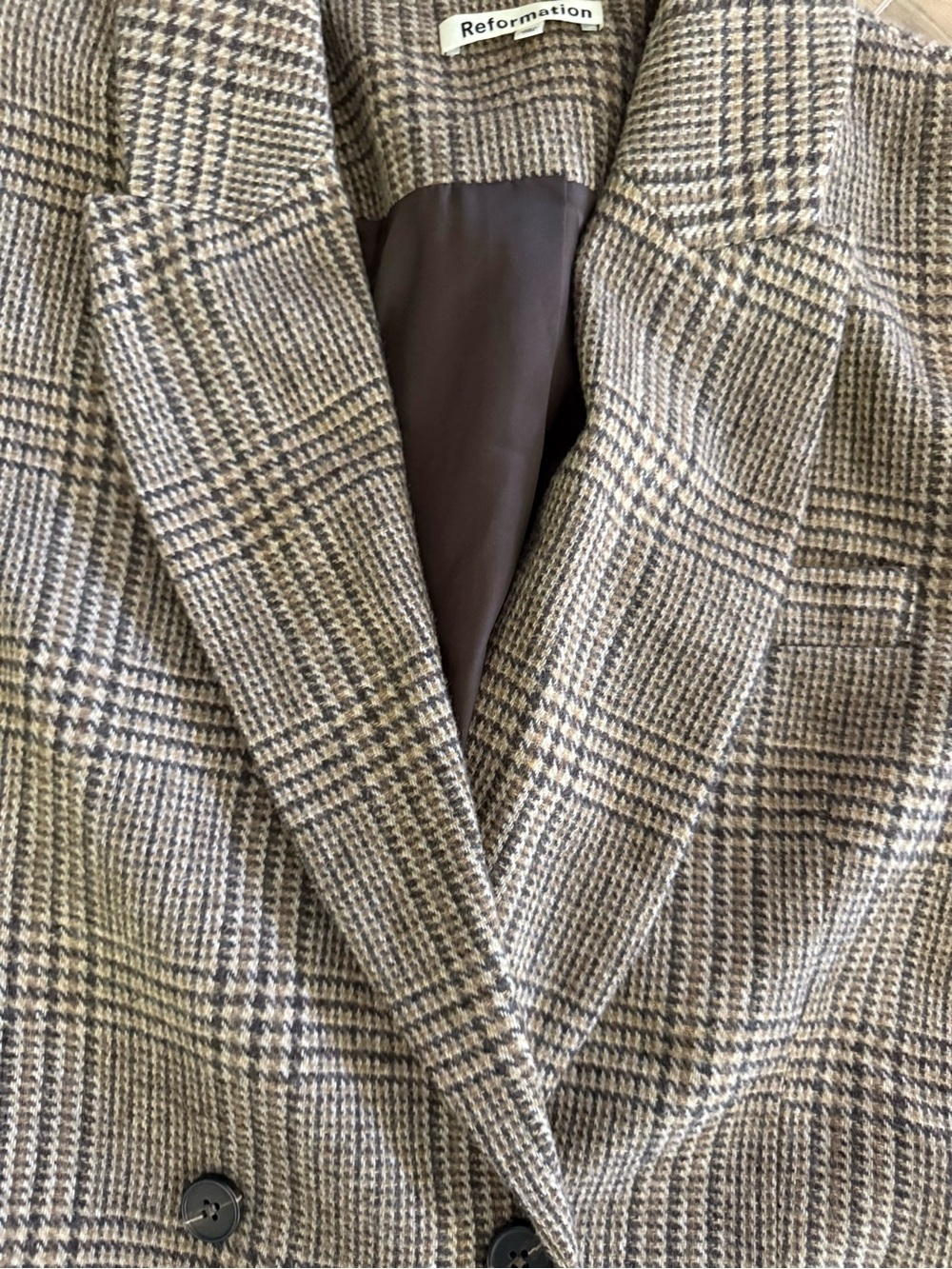 Reformation Double Breasted Glen Plaid Wool Blend Blazer Jacket Size M Brown - Picture 6 of 9